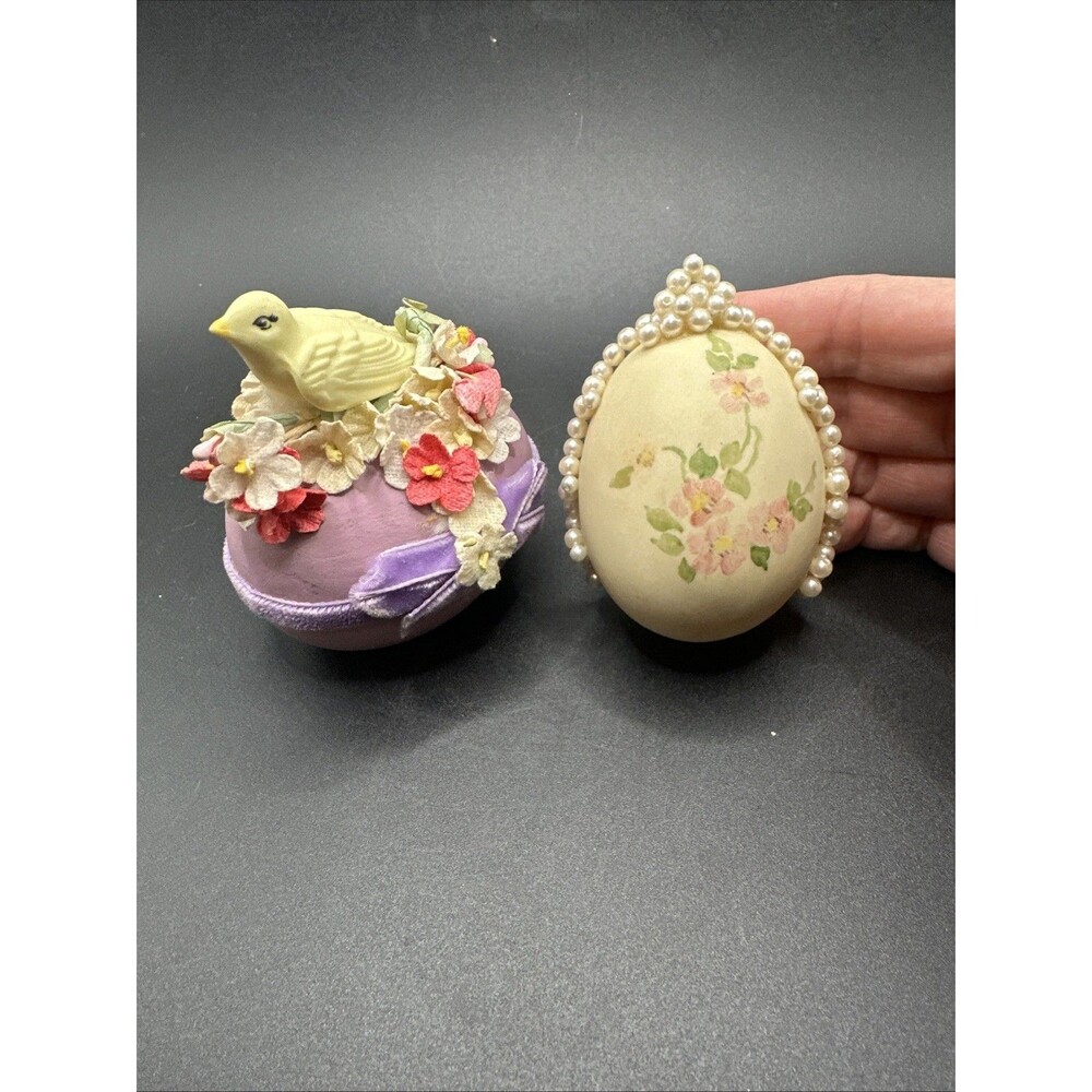 2 Vintage Hand Painted Decorated Egg with Pearls, Pink Flowers and Bird Easter